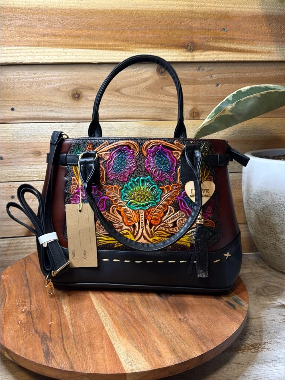 Embroidered Floral Satchel Handbag - Multicolor